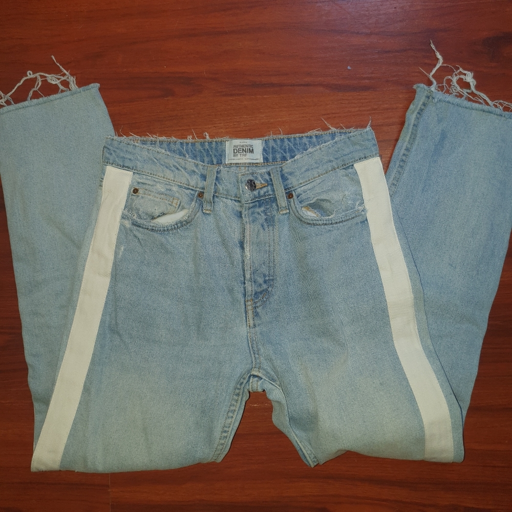 Zara by TRF white stripe raw hem jeans